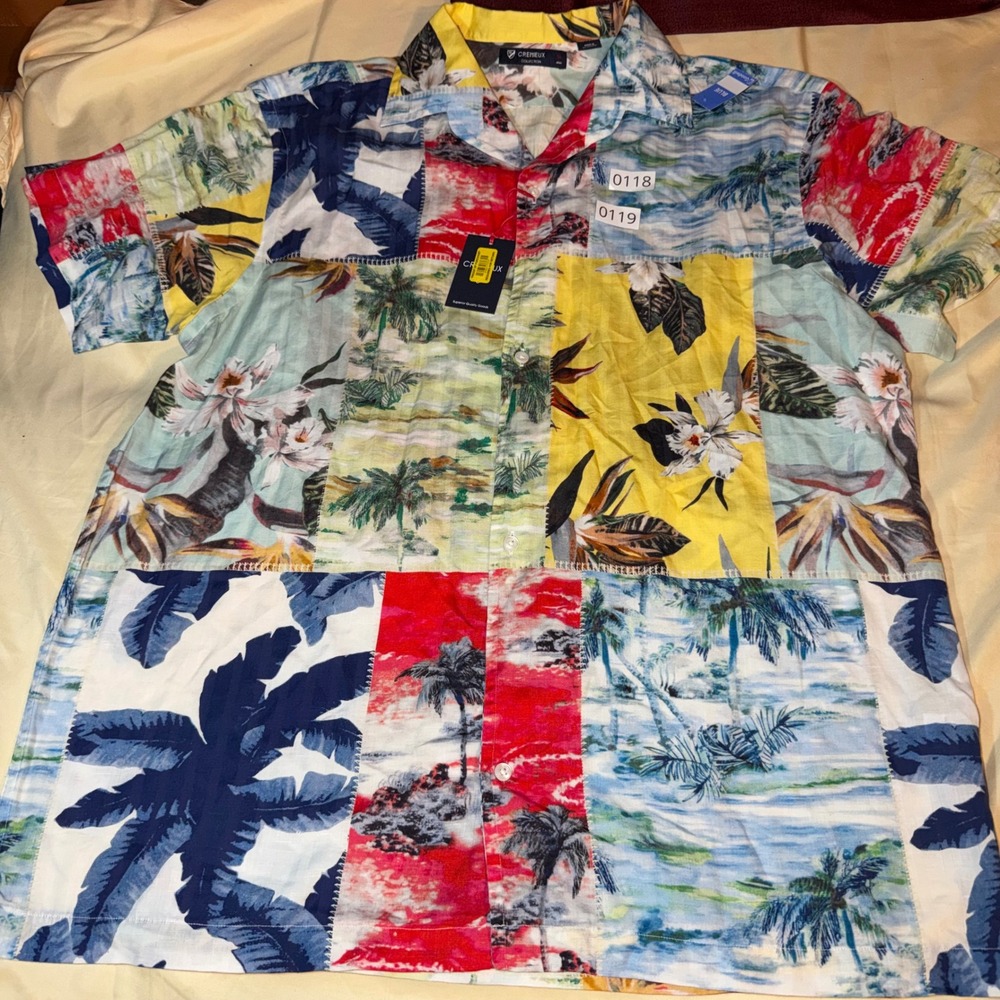 NWT Cremieux Mens XL Tropical Patchwork Linen Blend Short Sleeve Shirt